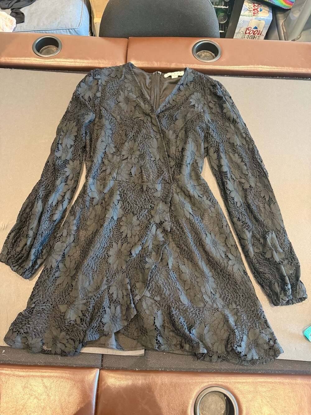 HYFVE Black Floral Lace Long Sleeve Wrap Mini Dress with Ruffle Hem Size L